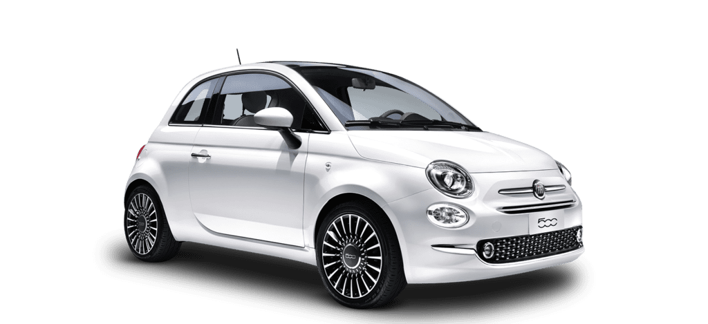 Een witte Fiat 500 met een ster in de voorruit. Tijd om de voorruit te laten herstellen door experts. Onze monteurs herstellen professioneel uw autoschade.